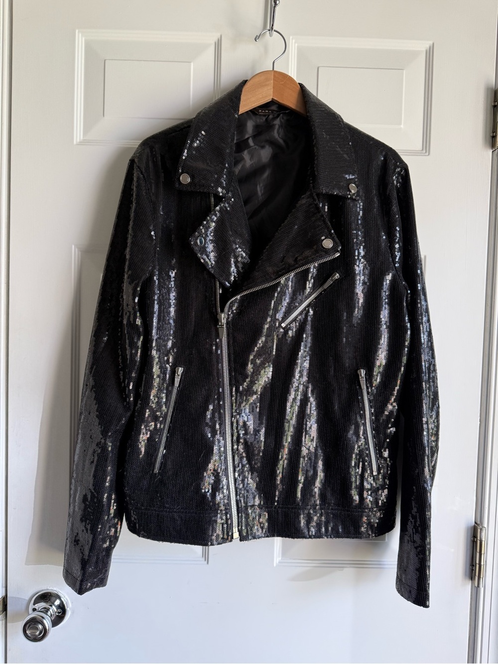 Zara Man Black Sequin Moto Biker Jacket Men’s L Glam Rock Stage Party
